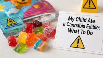 Cannabis gummy edibles in packaging that resembles candy, next to a warning note. 