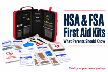 Open red first aid kit and supplies beside the headline HSA & FSA First Aid Kits: What Parents Should Know.
