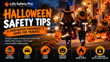 Halloween safety tips for parents from The Life Safety Pro: children in reflective costumes trick-or-treating at dusk
