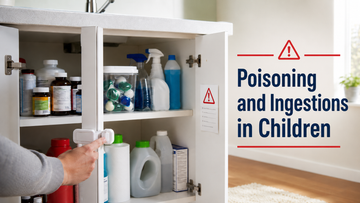 Adult securing a child-safety lock on a cabinet containing medicines, detergent pods, and household cleaners, beside the title 'Poisoning and Ingestions in Children.