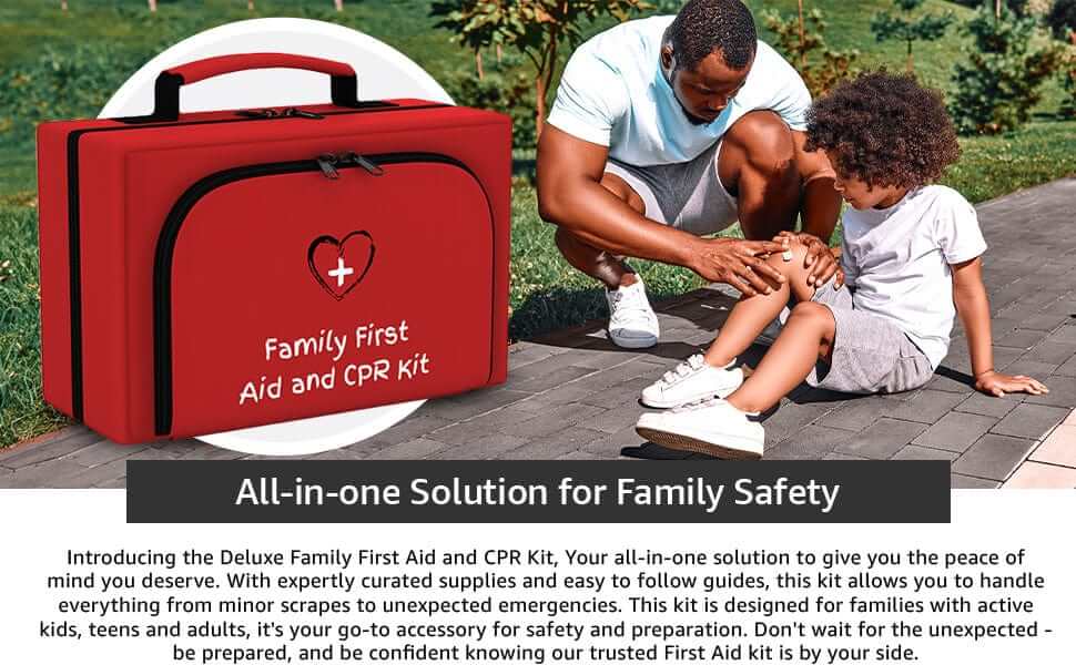 Red family first aid and CPR kit with a man and child outdoors, text overlay about safety solution. Father taking care of childs injury using the family first aid kit from the life safety pro