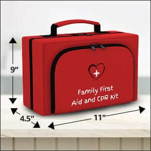 Red family first aid and CPR kit with dimensions on a white background. For family, adult and child medical emergencies. 