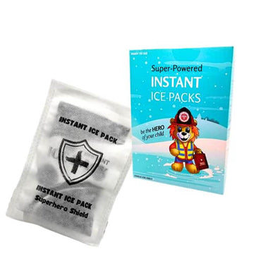 Life Safety Pro 3 pack of instant ice packs showing the box and 1 instant ice pack out with superhero shield. 