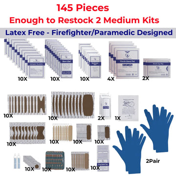 Medical first aid supplies showing the quantity and quality of materials in the Refill kit that fills the Children's First Aid and CPR kit from the Life Safety Pro