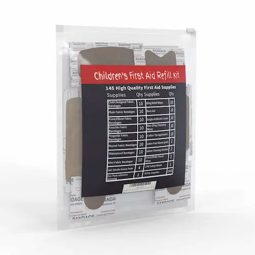 Children's First Aid and CPR Refill kit with enough supplies to fill 2 medium first aid kits with a list of the 145 high quality medical supplies in the kit by the Life Safety Pro