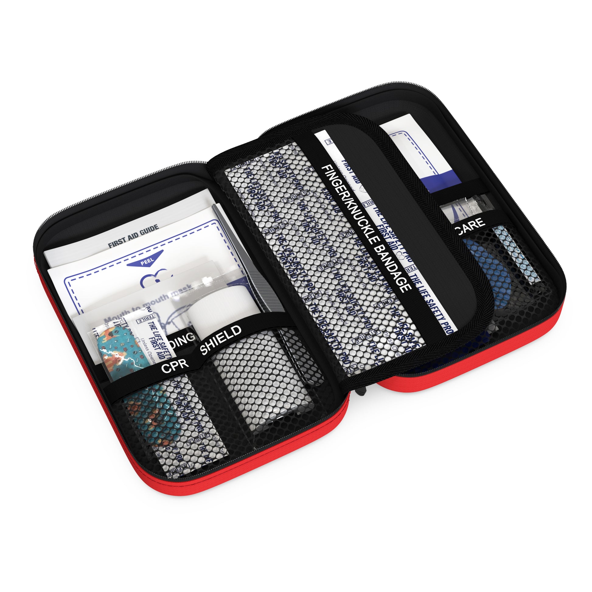 Small Children's First Aid kit with well labeled compartments open to show CPR shield and bandages with first aid guide. 