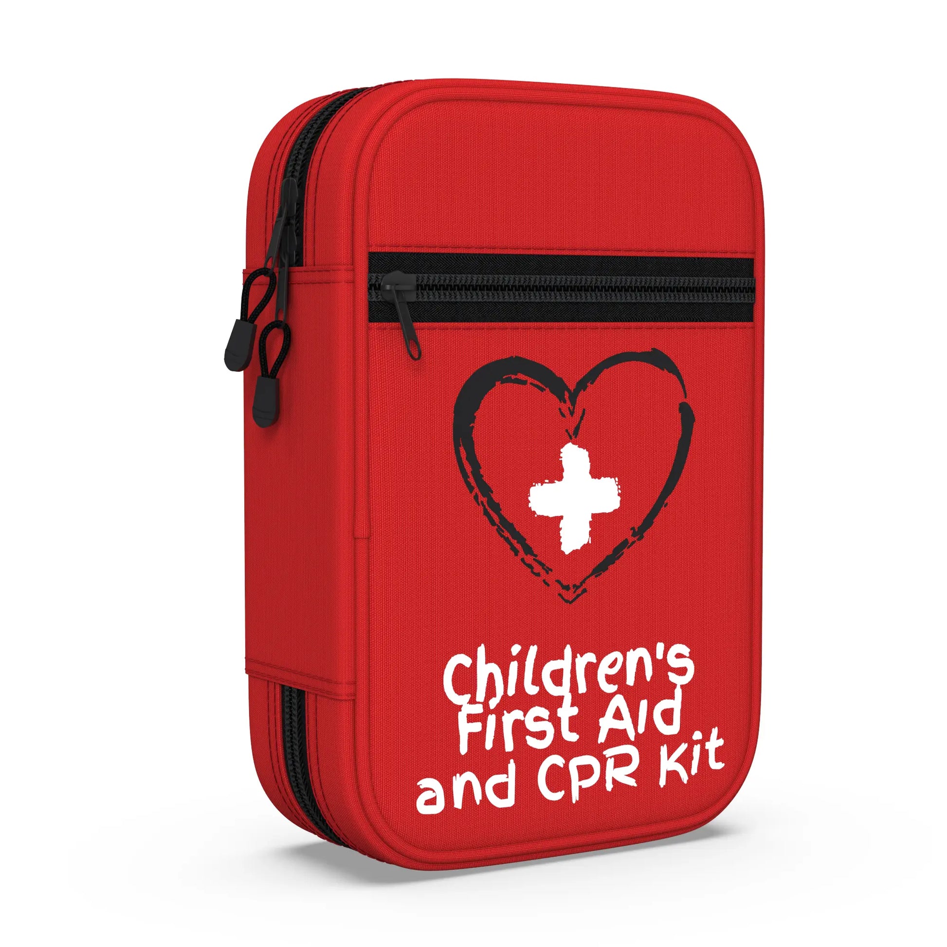 Emergency Red first aid and CPR kit with a heart and cross symbol on a white background for the small childrens first aid and cpr kit from The Life Safety Pro