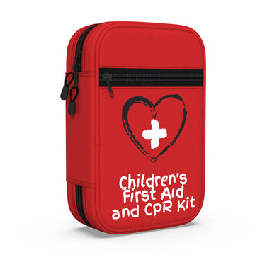 Emergency Red first aid and CPR kit with a heart and cross symbol on a white background for the small childrens first aid and cpr kit from The Life Safety Pro