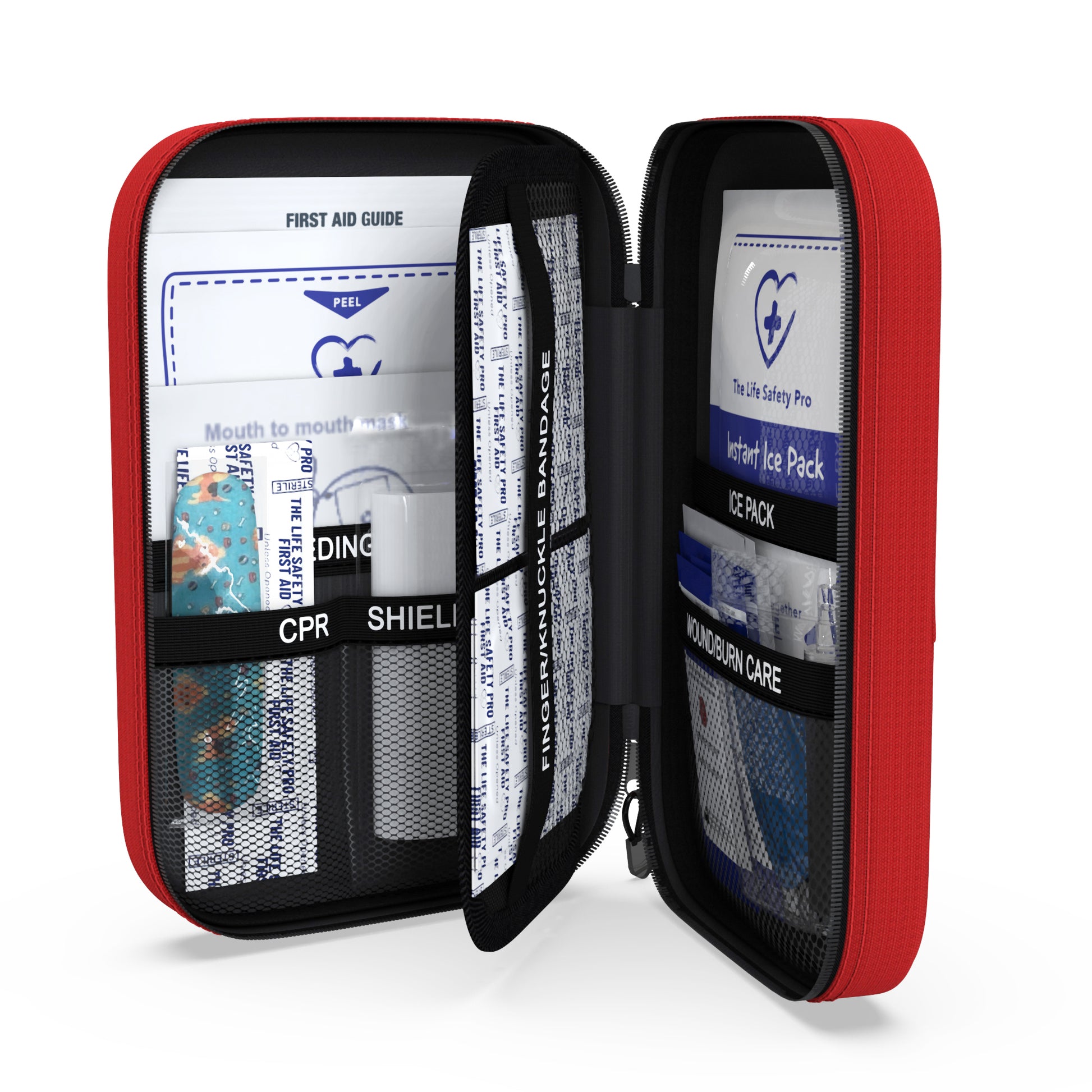 Small Children's First Aid Kitt standing showing a peek of the supplies inside that will help parents if their child is injured. includes ice pack and bleeding control materials for first aid. 