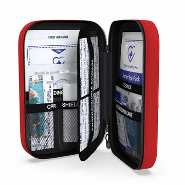 Open first aid kit with various compartments and high quality medical supplies by the life safety pro for the small childrens first aid kit on a white background