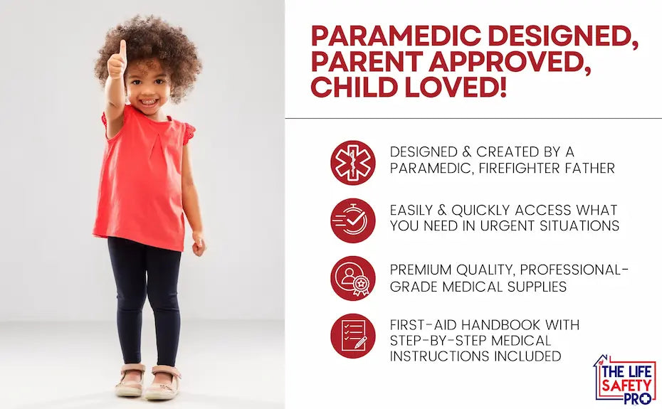 Child giving a thumbs up with promotional text about a paramedic-designed product on a white background for the Children's First aid kit by The Life Safety Pro