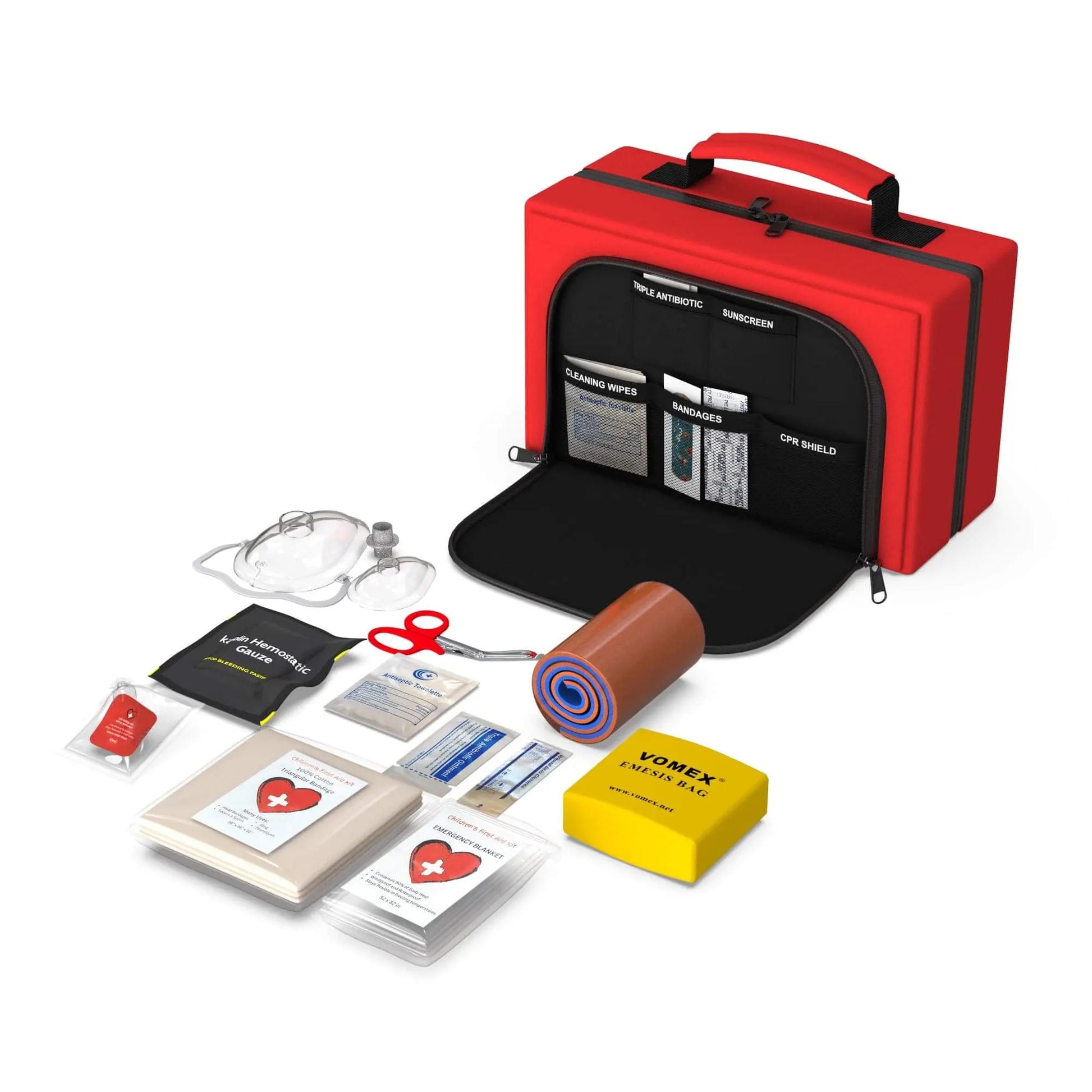Image of the Large Family first aid kit showing some of the many first aid supplies in the kit. Front pouch open. 
