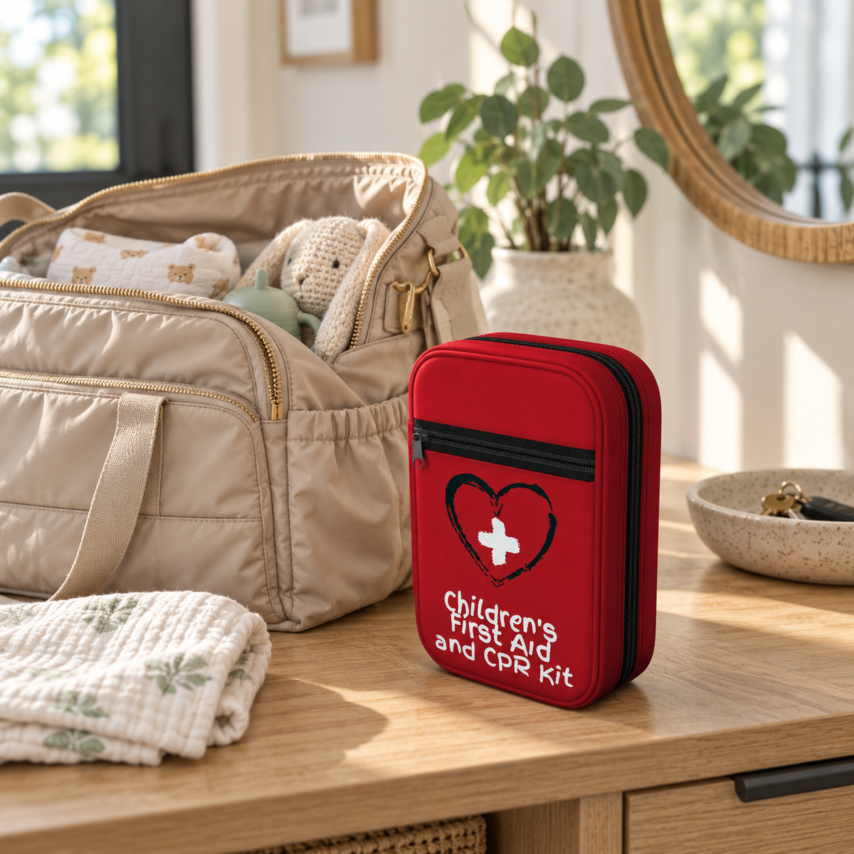 Mini Children's First Aid and CPR Kit beside a diaper bag