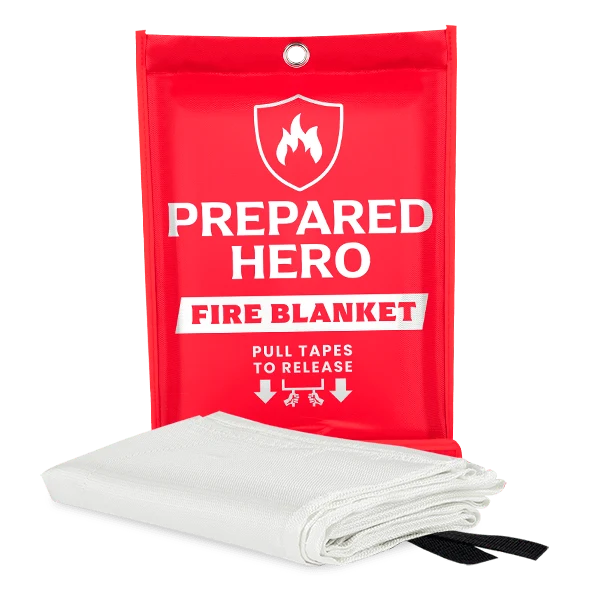 Prepared Hero Fire Blanket – red pouch with blanket folded in front, white background