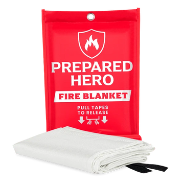 Prepared Hero Fire Blanket – red pouch with blanket folded in front, white background