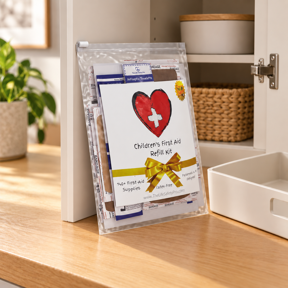 Children’s First Aid Refill Kit leaning against a cabinet beside a storage tray